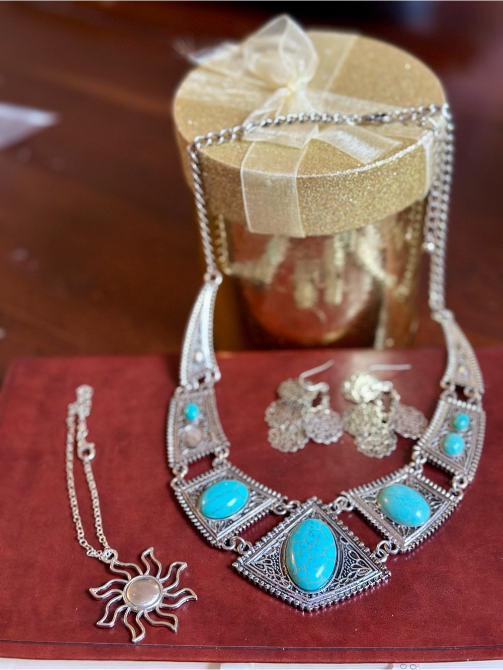 Silver-Tone Turquoise Statement Necklace and Earrings - Women Jewelry